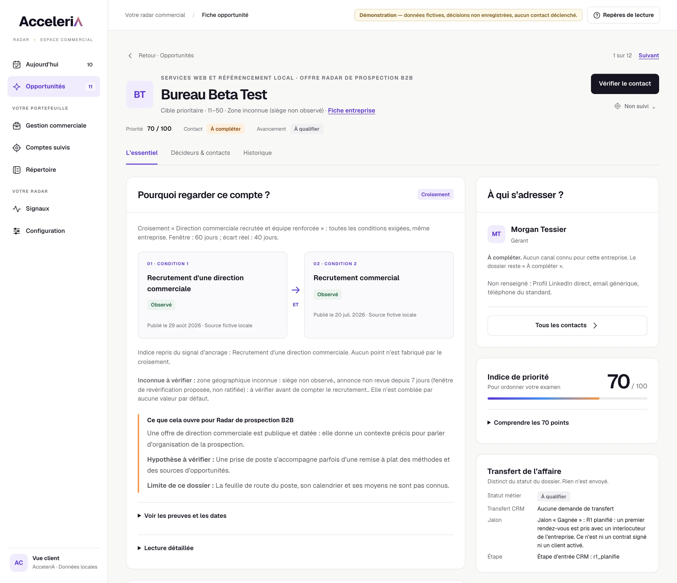 Fiche d’un compte fictif dans Grappr : pourquoi regarder ce compte, à qui s’adresser, indice de priorité.